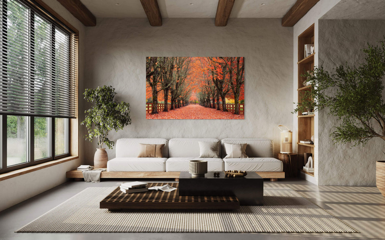 A piece of Seattle art showing fall at Rockwood Farm in Snoqualmie hangs in a living room.