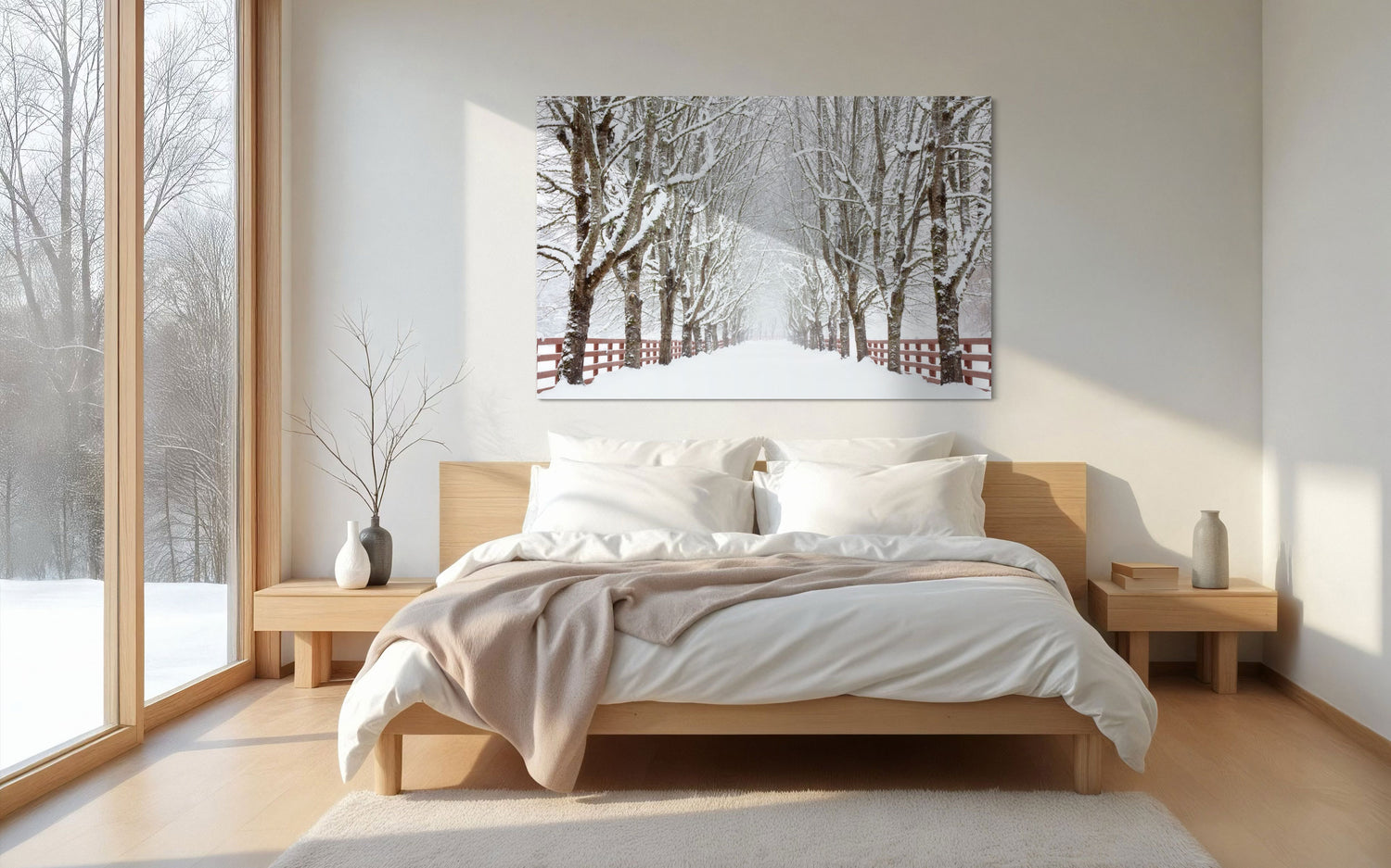 A piece of Seattle wall art showing Rockwood Farm in winter hangs in a bedroom.