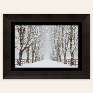 A piece of framed Seattle wall art shows Rockwood Farm in winter.