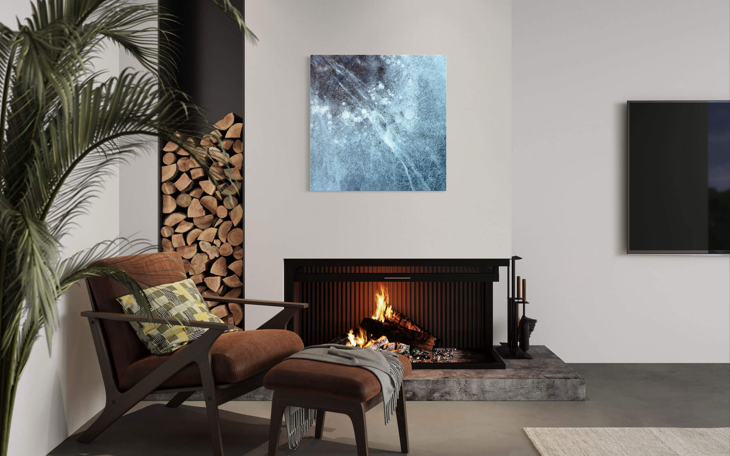 A piece of Rocky Mountain National Park art showing a Dream Lake picture hangs in a living room.