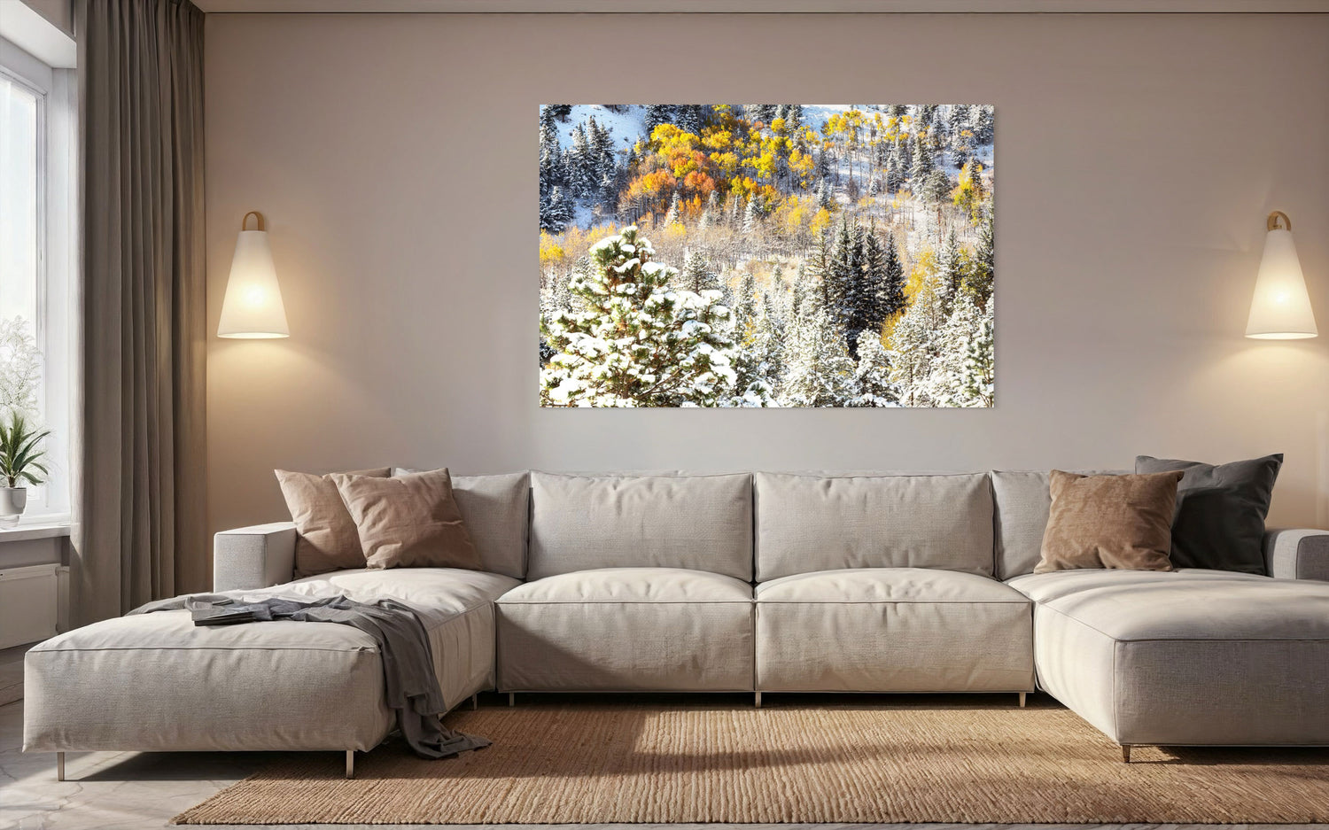 A piece of Rocky Mountain National Park art hangs in a living room.