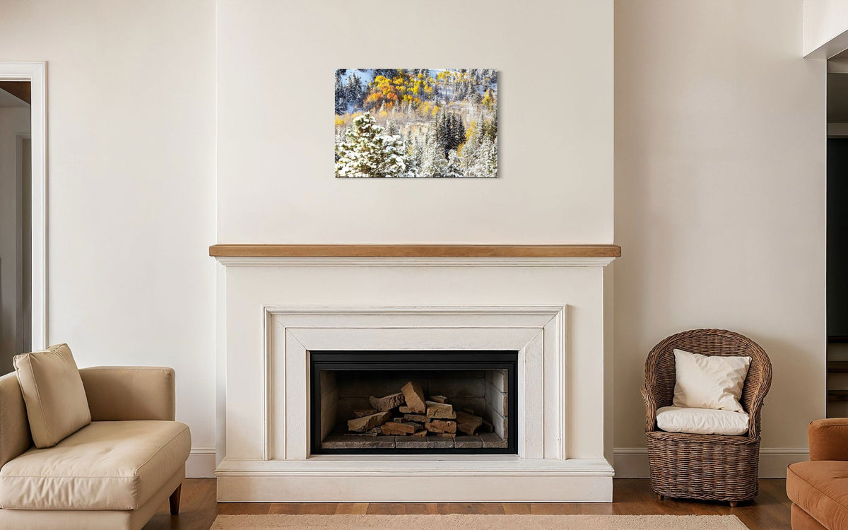 A piece of Rocky Mountain National Park art showing yellow aspen trees after snow in fall hangs above a fireplace mantel.