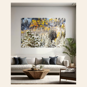 A piece of Rocky Mountain National Park art hangs in a living room.