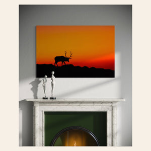 A piece of Rocky Mountain National Park art showing an elk hangs above a fireplace.