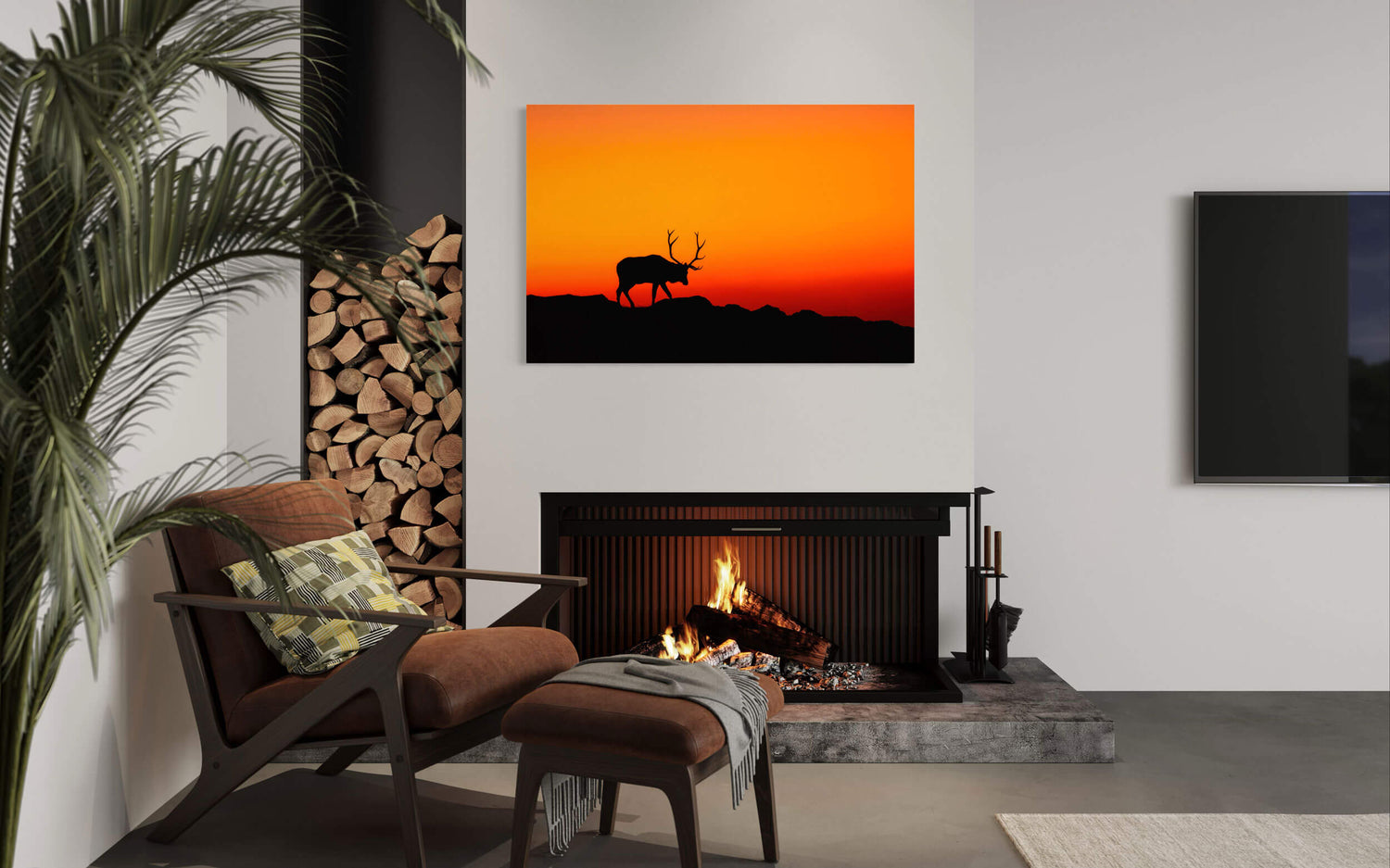 An elk picture from Trail Ridge Road in Rocky Mountain National Park hangs in a living room.