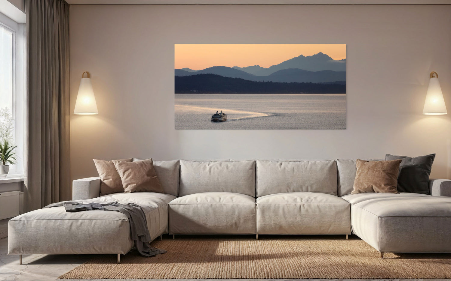 A piece of Seattle wall art photography showing a ferry approaching hangs in a living room.