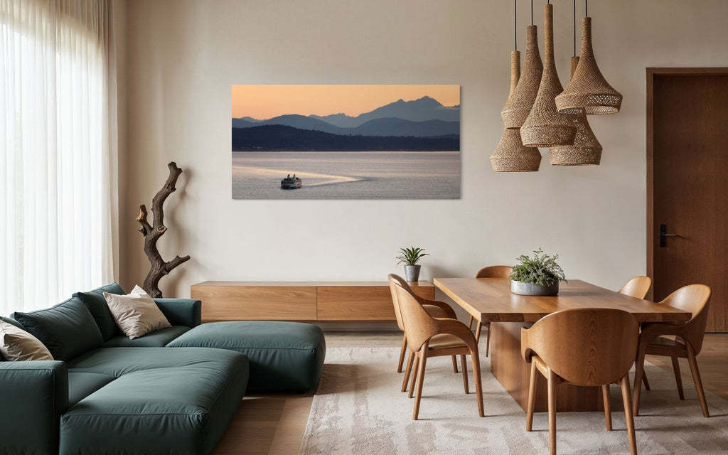 A piece of PNW art showing a Seattle ferry hangs in a family room.