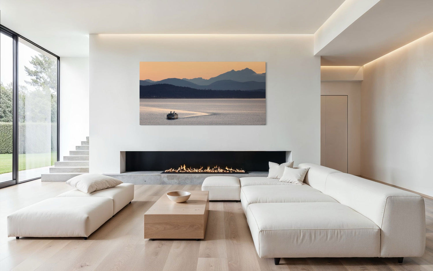 A piece of PNW art showing a Seattle ferry hangs above a fireplace.
