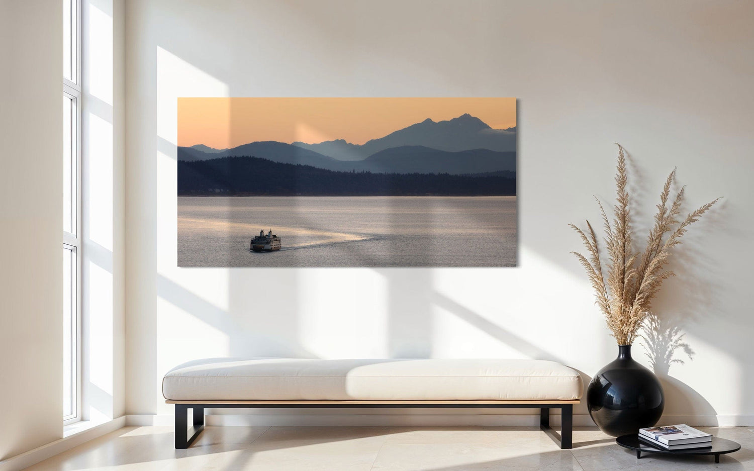 A piece of PNW art showing a Seattle ferry hangs in an entryway.