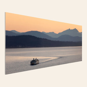 A piece of TruLife acrylic Seattle wall art photography shows a ferry approaching.