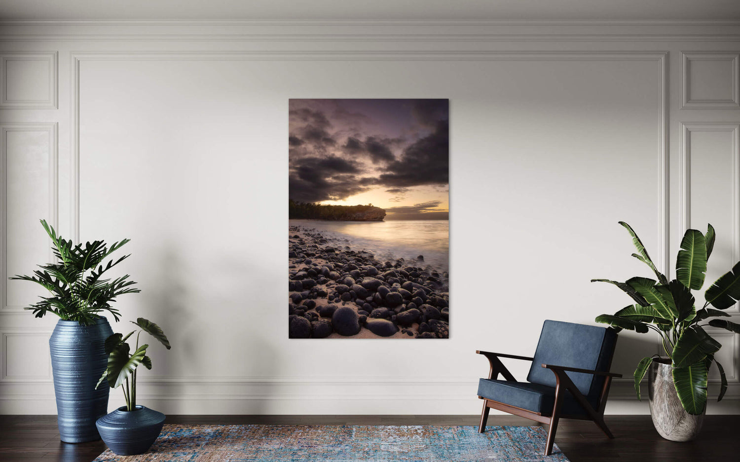 A Shipwreck Beach sunrise picture from Poipu, Kauai, hangs in a living room.