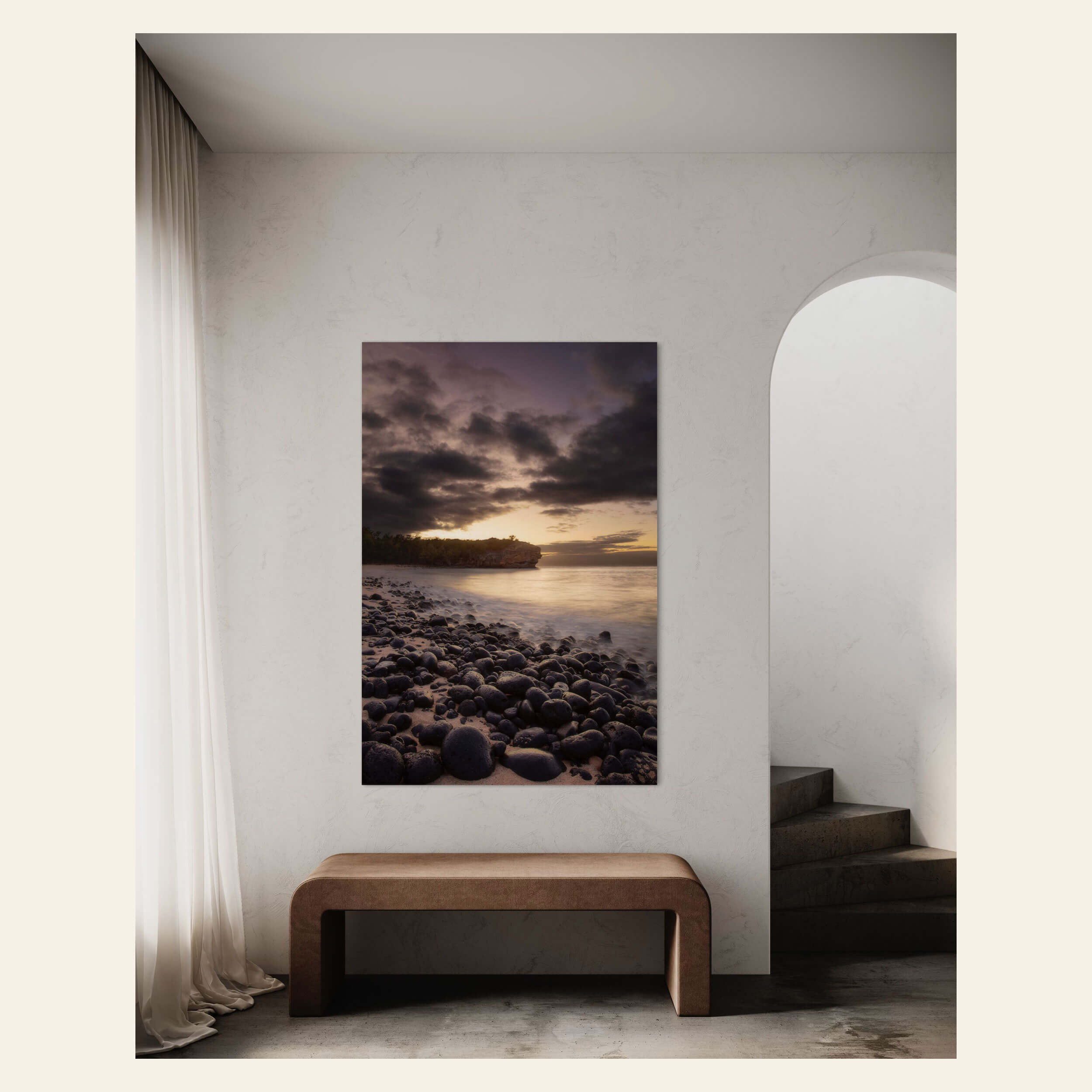 A Shipwreck Beach sunrise picture from Poipu, Kauai, hangs in a hallway.