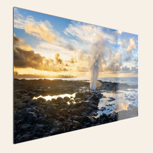 A piece of TruLife acrylic Kauai art shows a Spouting Horn photo.