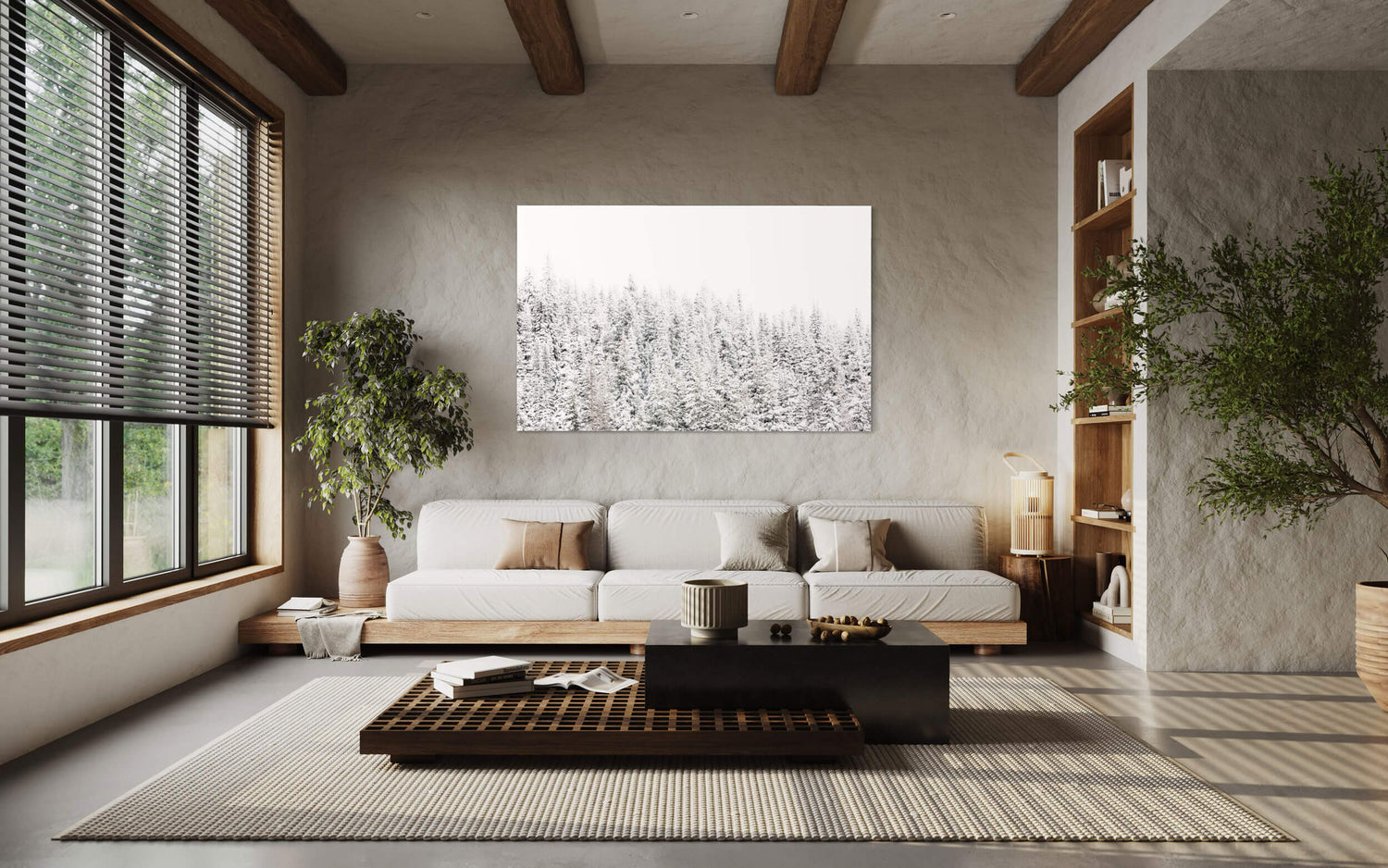 A piece of Steamboat Springs art showing snowy trees hangs in a living room.