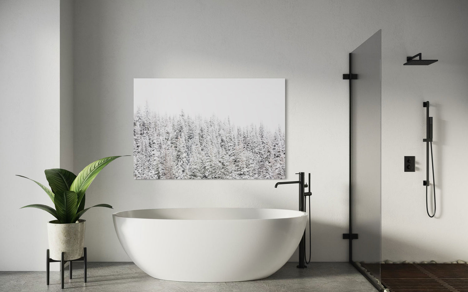 A piece of Steamboat Springs art showing trees outside the Colorado ski resort hangs in a bathroom.