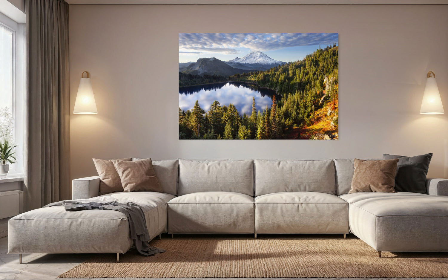 A piece of Mount Rainier wall art from Summit Lake hangs in a living room.