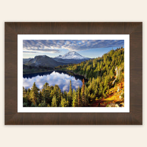 A framed piece of Mount Rainier wall art from Summit Lake.