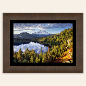 A framed piece of Mount Rainier wall art from Summit Lake.