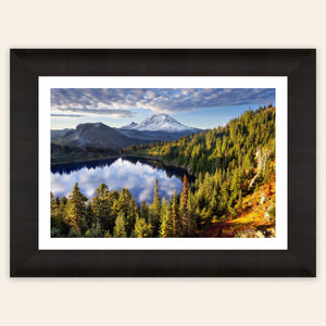 A framed piece of Mount Rainier wall art from Summit Lake.