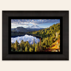 A framed piece of Mount Rainier wall art from Summit Lake.