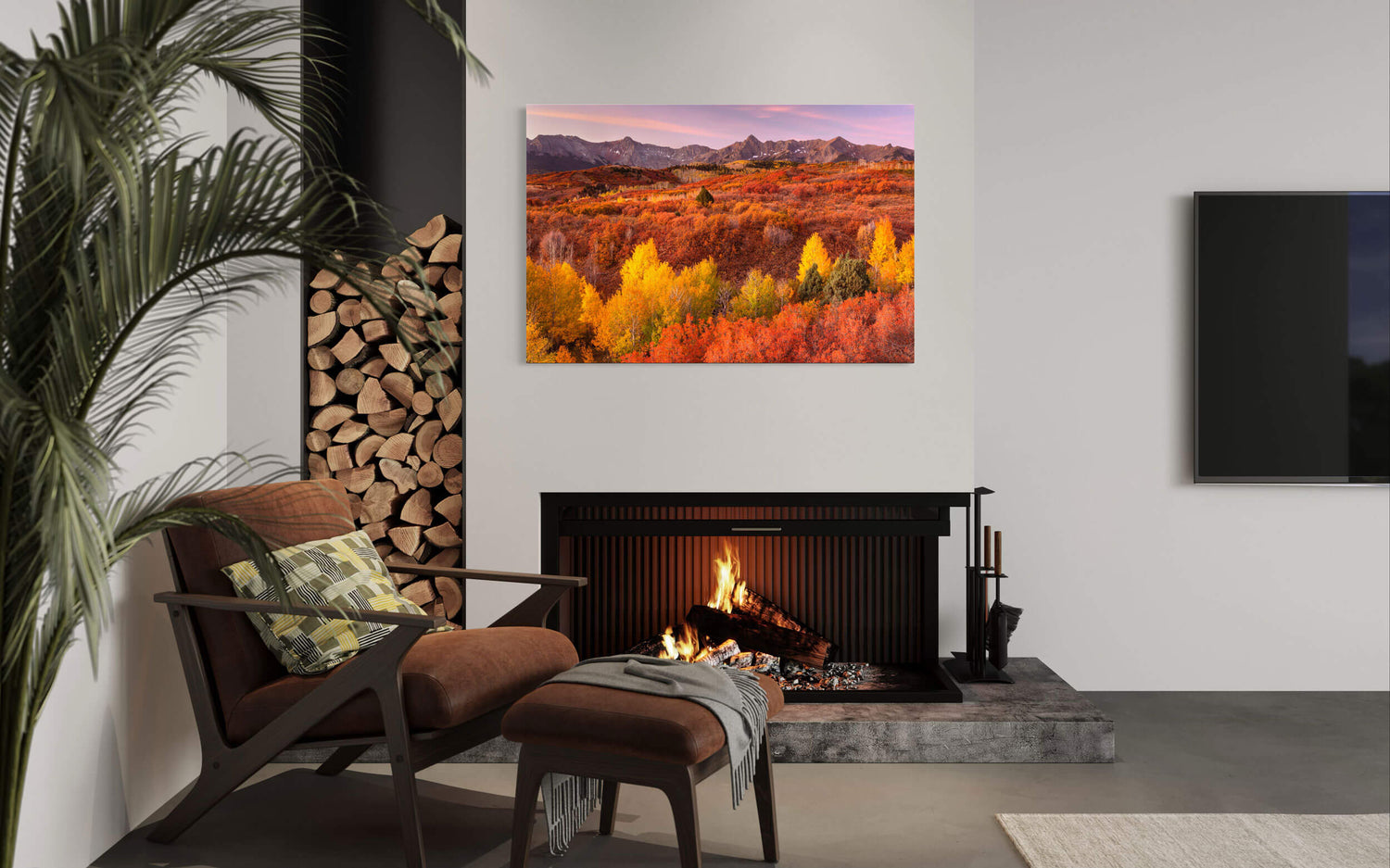 A piece of Telluride art showing a Dallas Divide fall colors picture hangs in a living room.