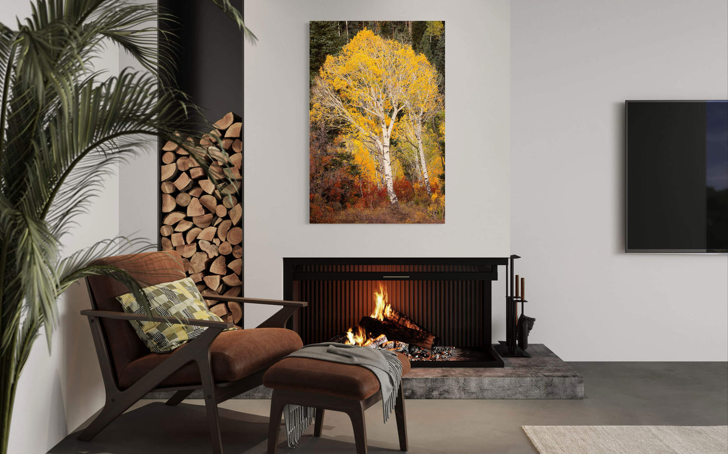 A Telluride fall colors picture hangs in a living room.