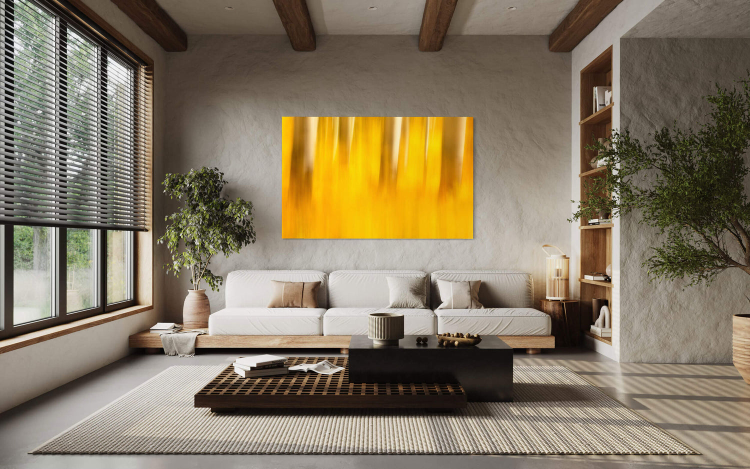 A piece of abstract Telluride art showing fall on Last Dollar Road hangs in a living room.