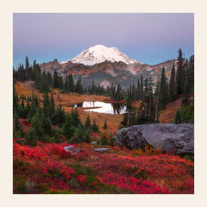 A piece of Mount Rainier art shows a Tipsoo Lake photo.