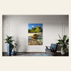 A Tunnels Beach picture from Kauai hangs in a living room.