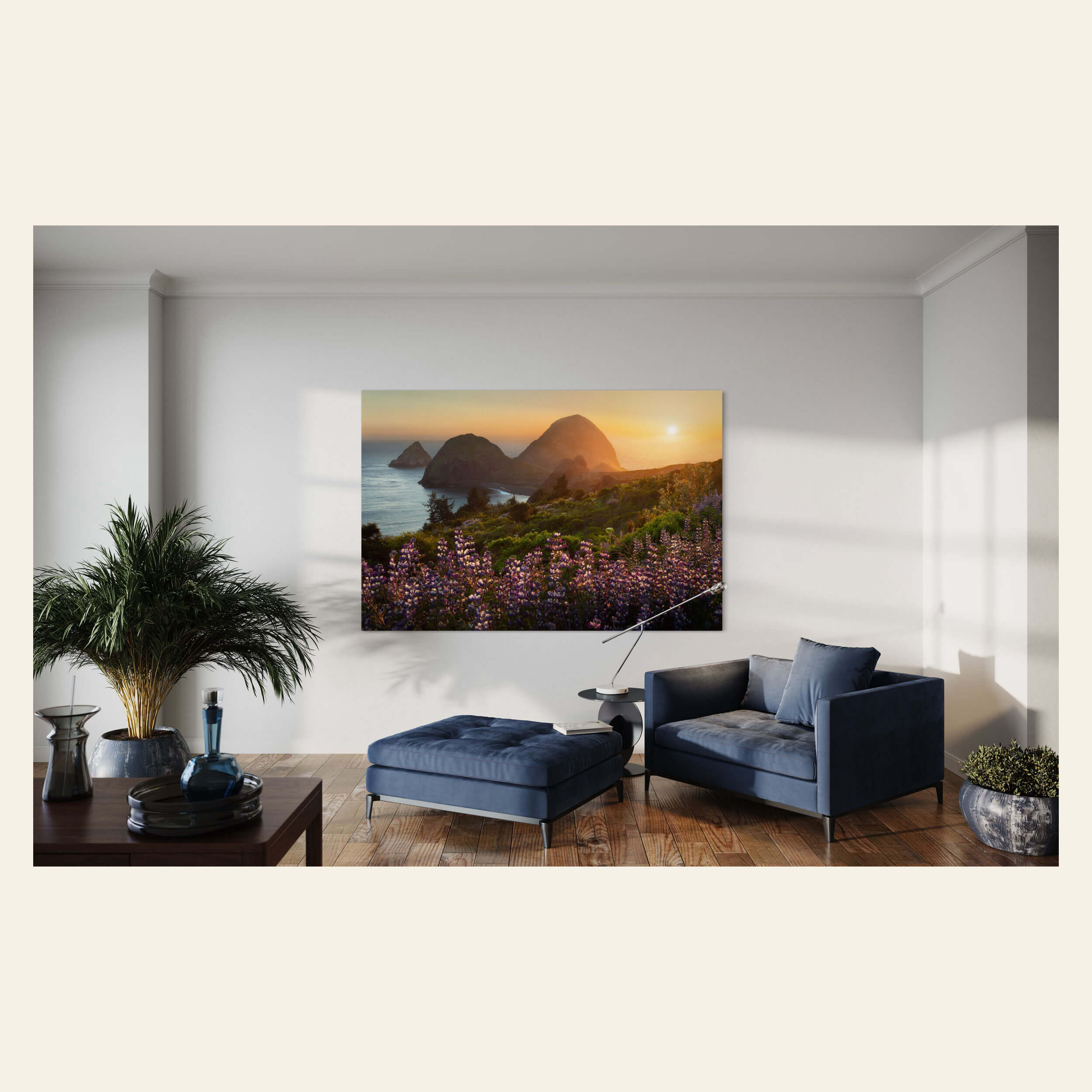 A wildflower picture of the Twin Sisters along the Oregon Coast hangs in a living room.