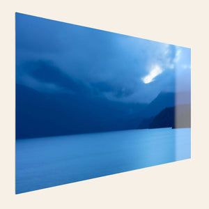 A piece of TruLife acrylic Vancouver Island art shows a lake photo.