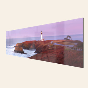 A piece of TruLife acrylic Oregon wall art shows a Yaquina Head Lighthouse photo.