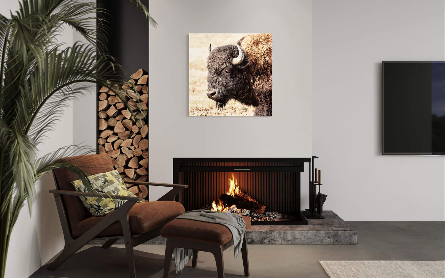 This is a Yellowstone bison picture that hangs in a living room as Wyoming wildlife art.