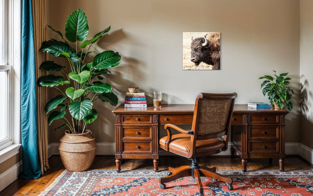 A piece of Yellowstone art showing a photo of a bison hangs in an office.