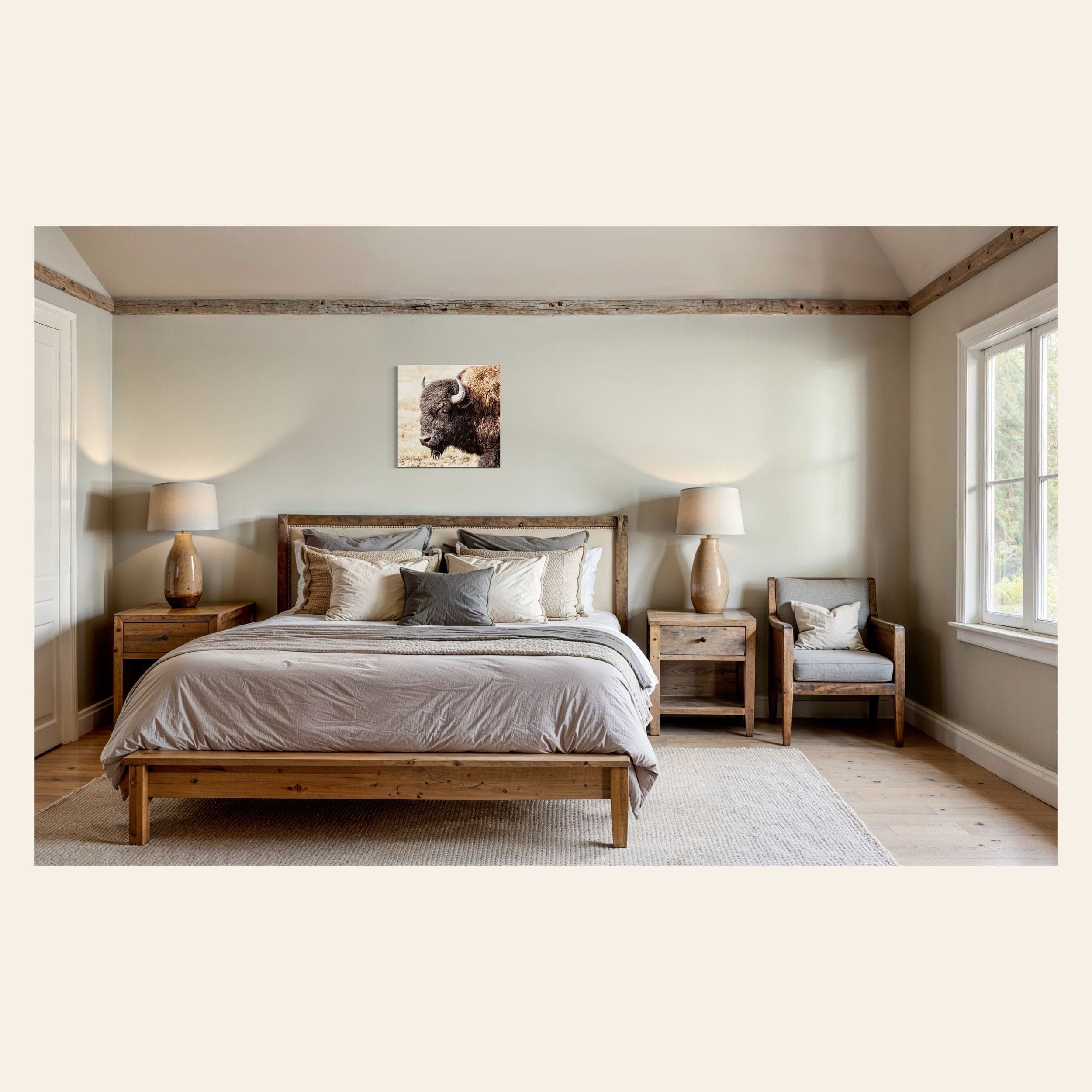A piece of Yellowstone art showing a photo of a bison hangs in a bedroom.
