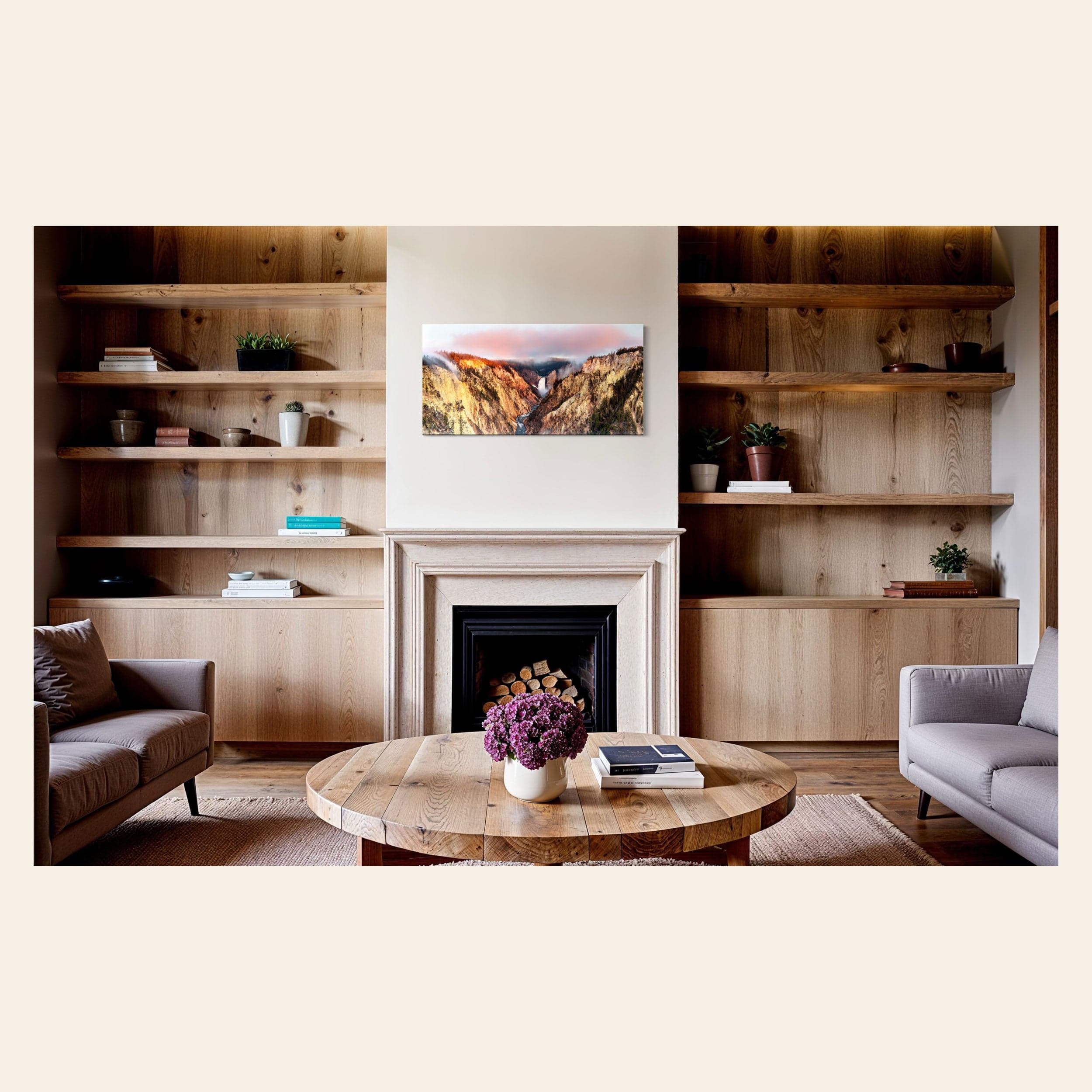 A piece of Yellowstone art showing a canyon photo from Artist Point hangs above a fireplace.