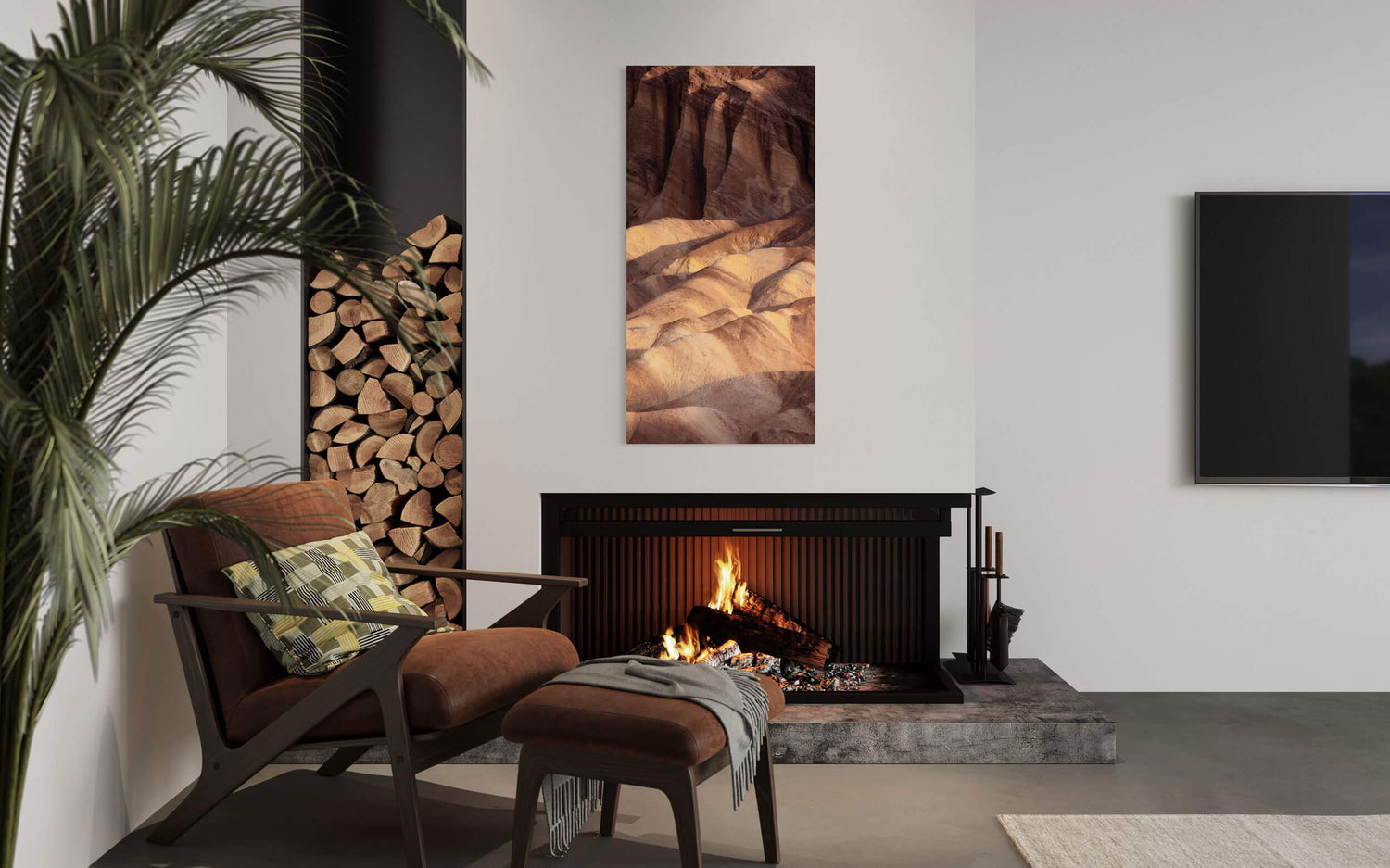 A Zabriskie Point picture from Death Valley National Park hangs in a living room.