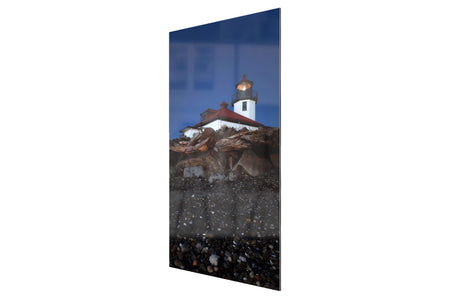 A piece of TruLife acrylic West Seattle art shows the Alki Beach Lighthouse.