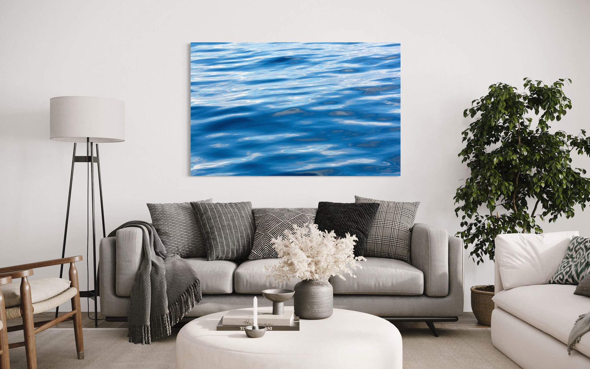 A piece of abstract water art from an Anacortes whale watching tour hangs in a living room.