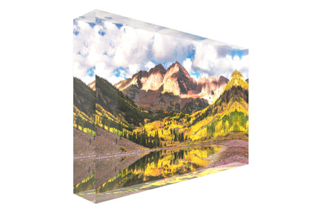 A picture of the Maroon Bells in Aspen in fall shown as an acrylic block.