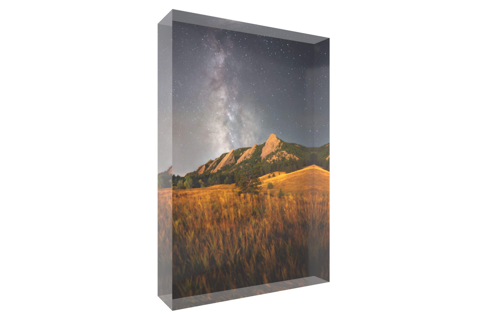 A picture of the Boulder Flatirons shown as an acrylic block.