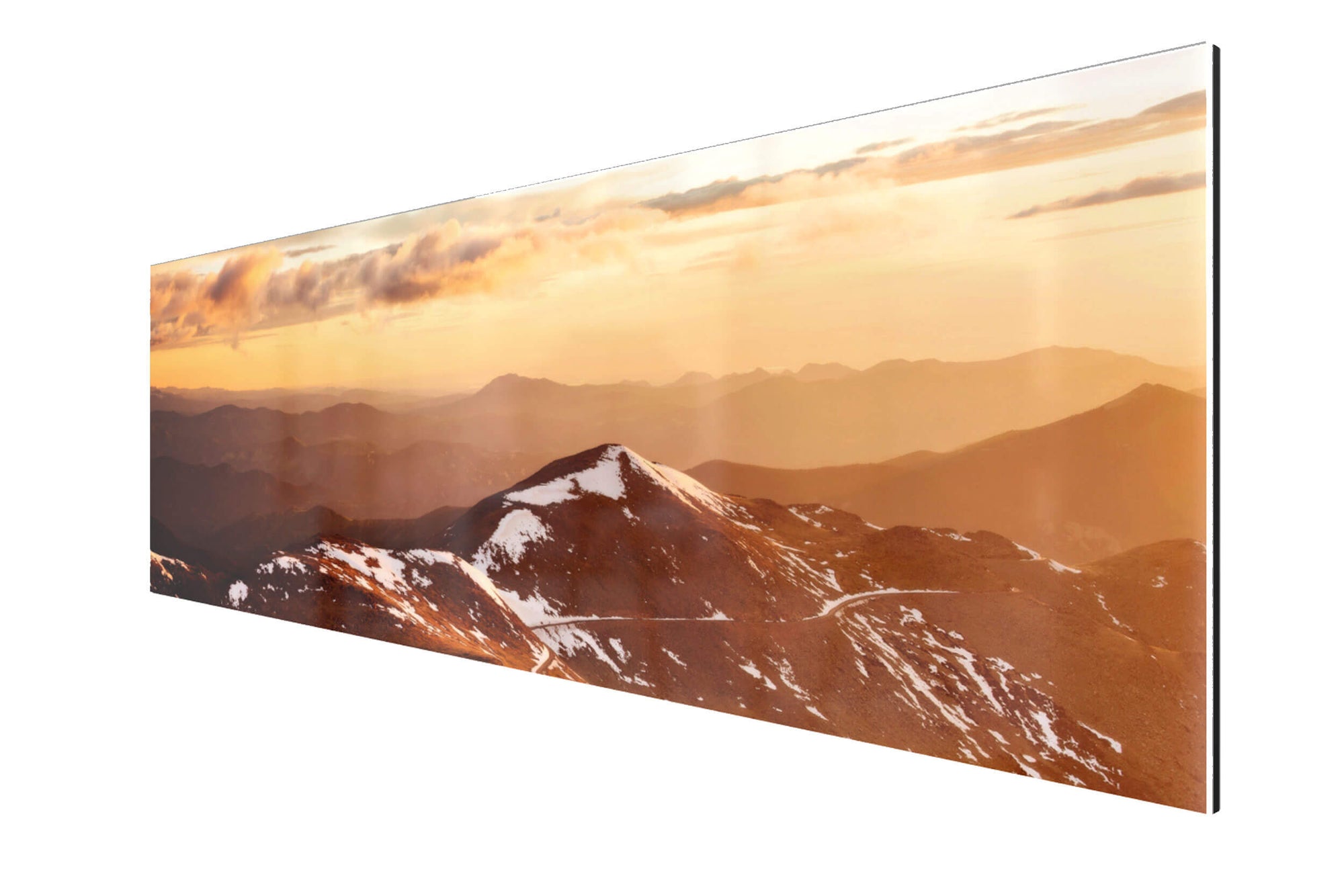 A piece of TruLife acrylic Colorado art shows a sunrise from Mount Evans looking toward Denver.