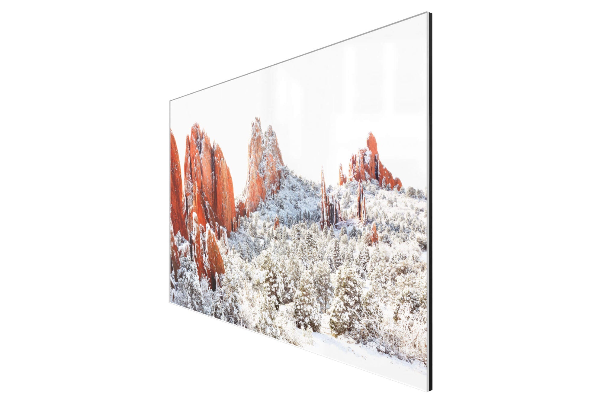A piece of TruLife acrylic Colorado Springs art shows the Garden of the Gods in winter.