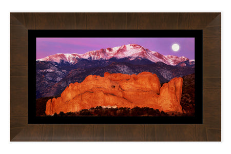 This piece of framed Colorado Springs art shows Pikes Peak behind the Garden of the Gods.