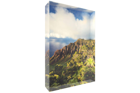 A picture of the Kalalau Valley and Napali Coast in Kauai shown as an acrylic block.
