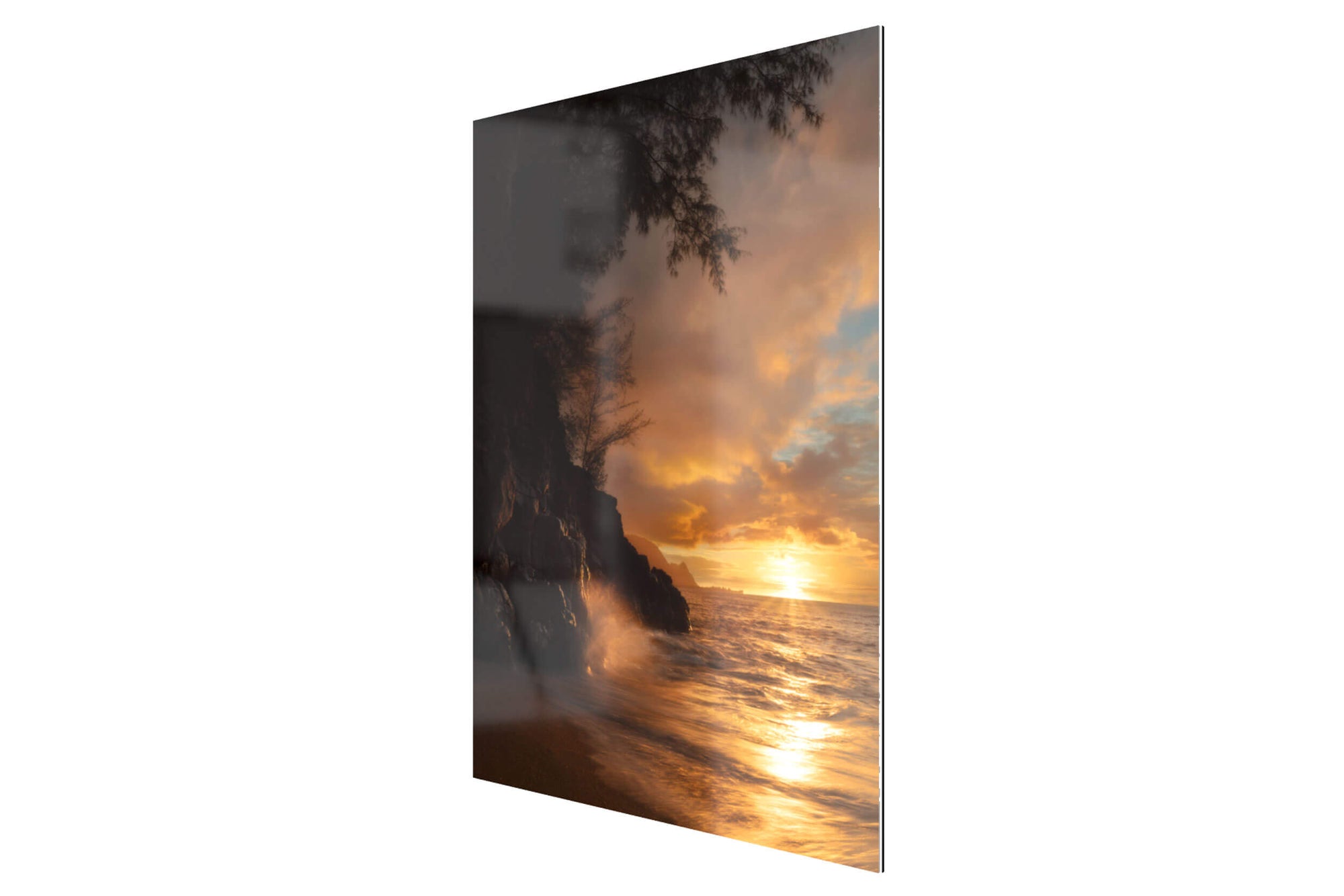 This piece of TruLife acrylic Kauai art shows a sunset picture from Hideaway Beach.