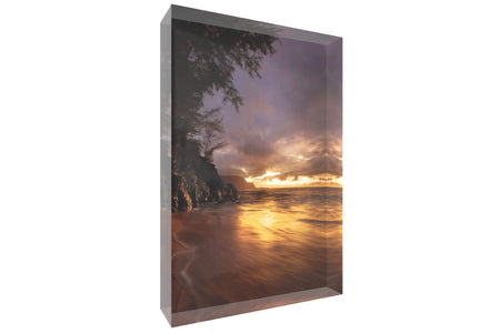 A picture of Hideaway Beach in Kauai shown as an acrylic block.