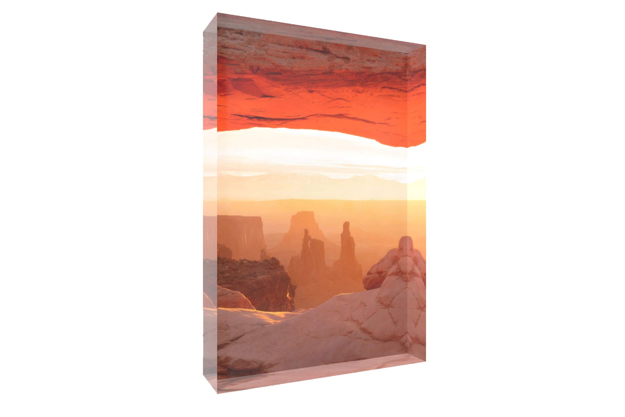 A picture of Mesa Arch shown as an acrylic block.