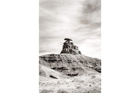 A black and white photo of Mexican Hat near Monument Valley in Utah.