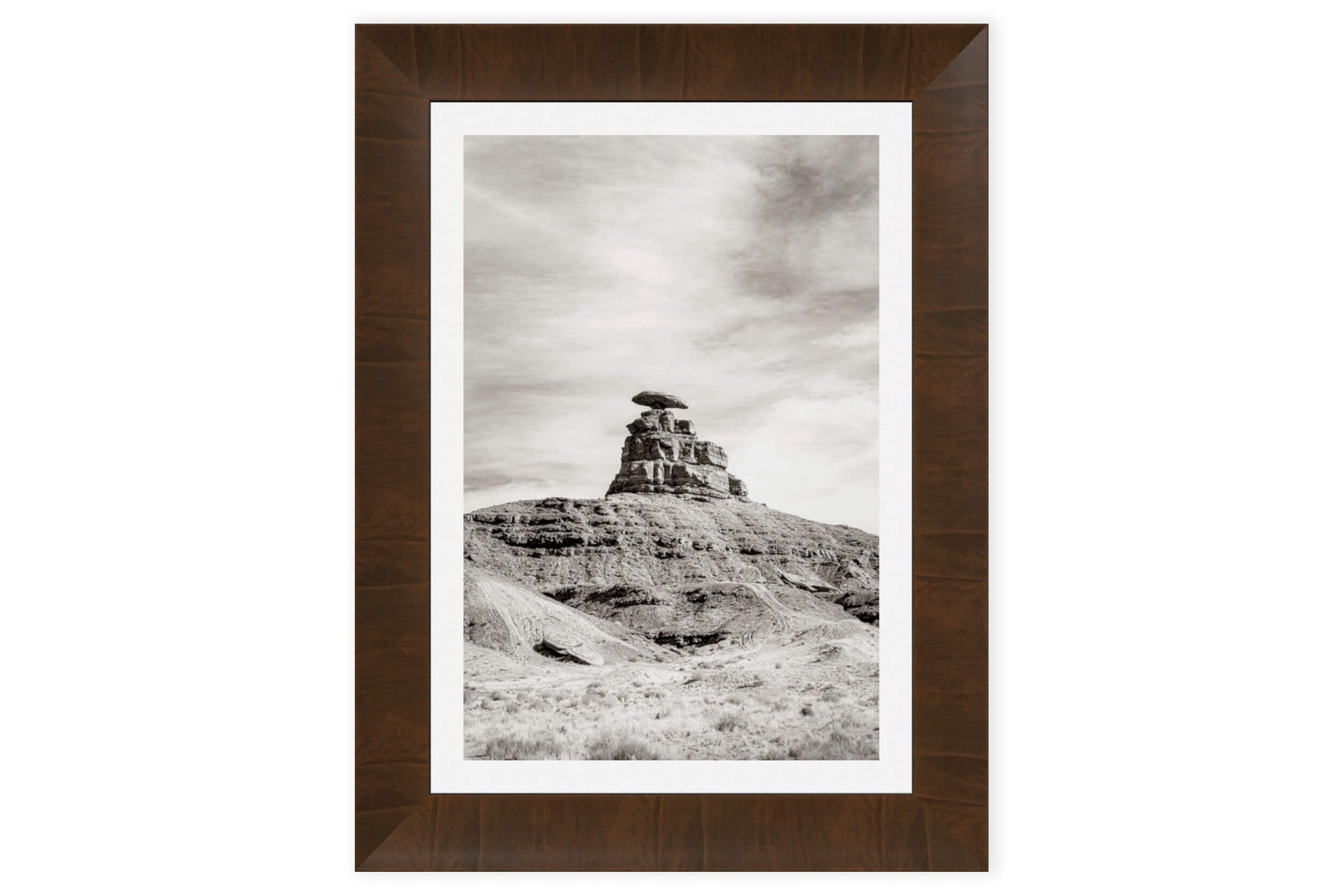 This piece of framed Utah art shows a black and white photo of Mexican Hat.
